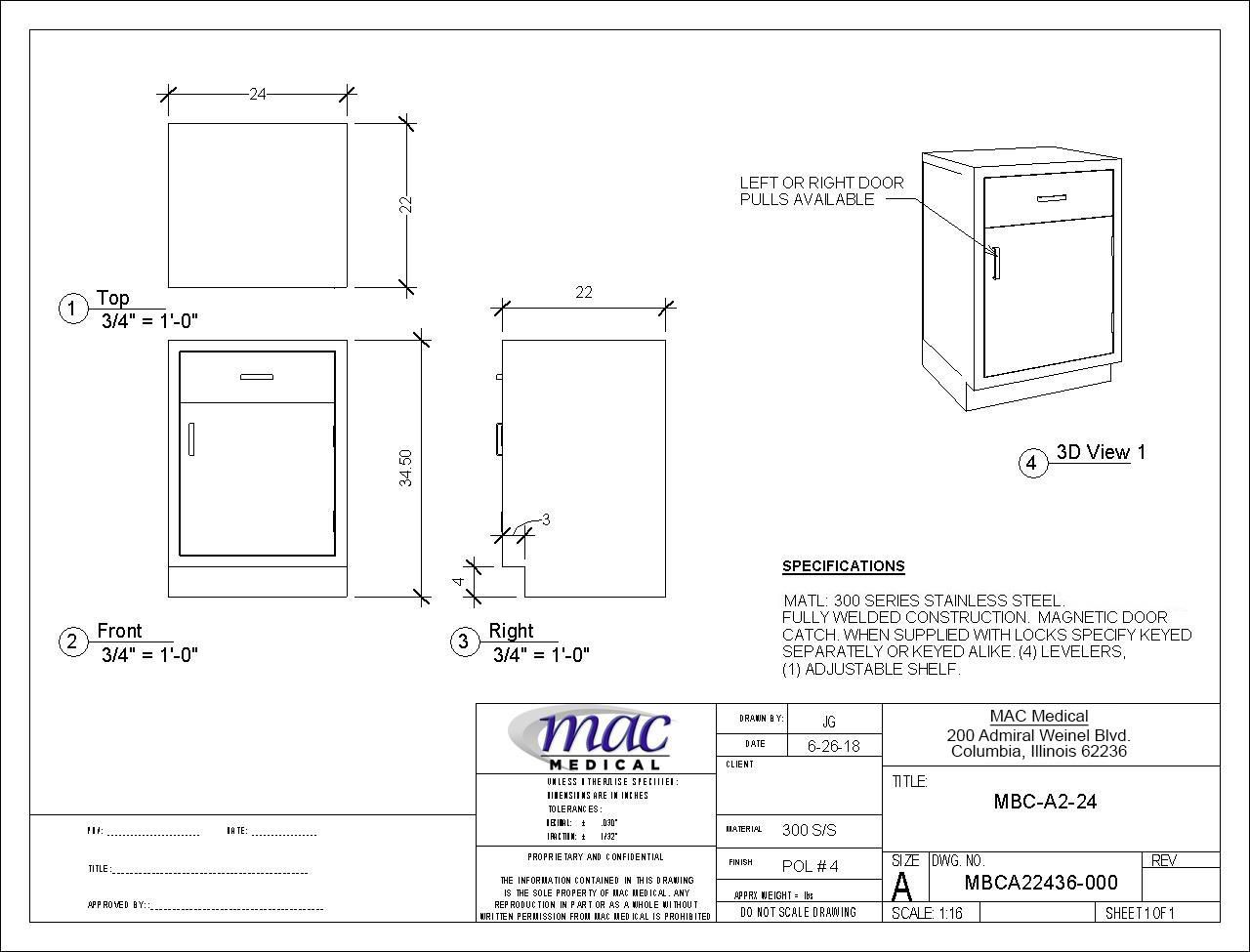 Single Solid Door Single Drawer Base Cabinets - MAC Medical, Inc.